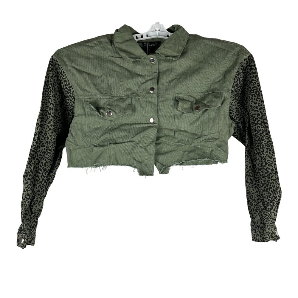 Simplee Womens Cropped Jacket With Leopard Print Sleeves Size M Green